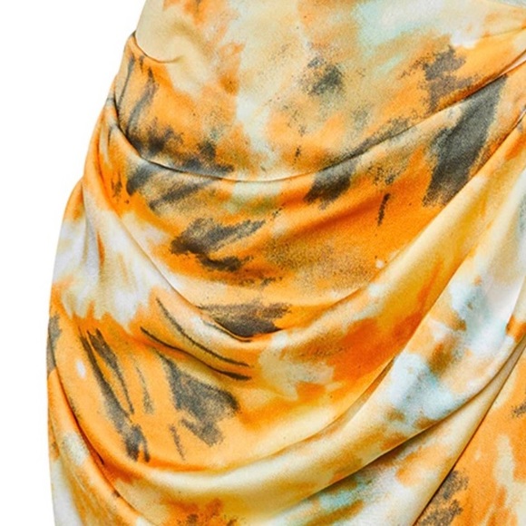 Orange Tie Dye Ruched Side Midi Skirt - Picture 3 of 7